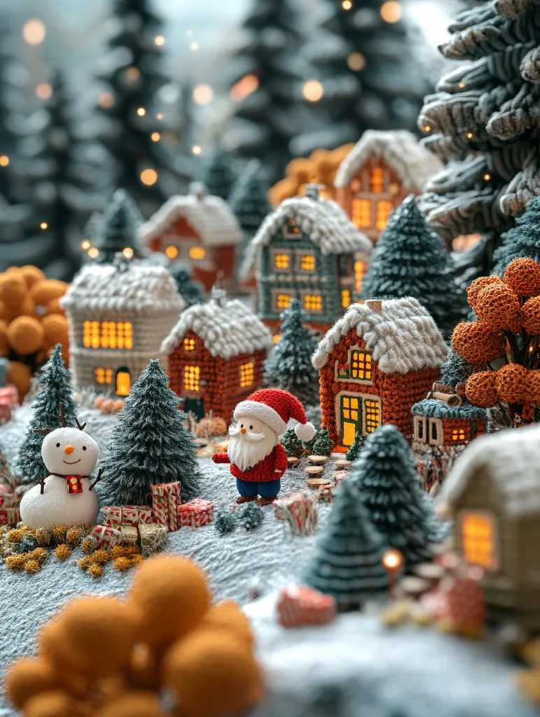 A charming miniature Christmas village scene is depicted, nestled amongst snowy evergreens and illuminated with warm light.  Cozy, crocheted houses with glowing windows are scattered across a snowy landscape.  A small Santa Claus figure stands near a cheerful snowman, surrounded by wrapped presents. The overall aesthetic is whimsical and festive, capturing the essence of a cozy winter wonderland.