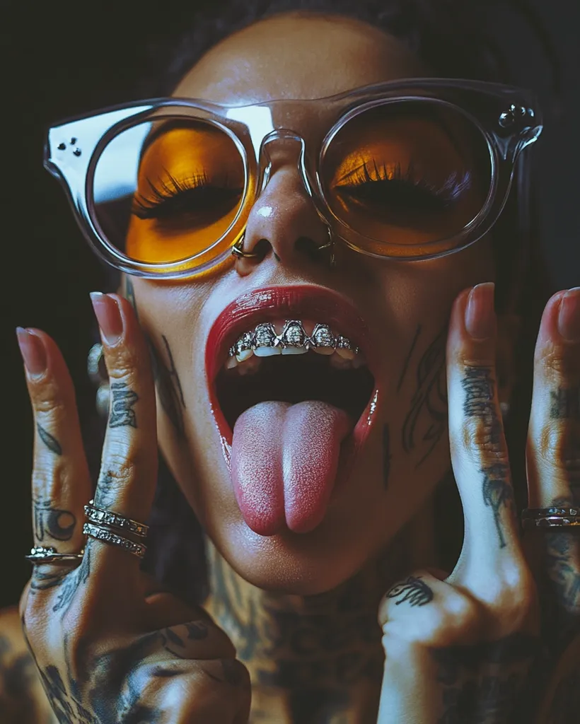 Close-up of a heavily tattooed woman with orange-tinted sunglasses, a nose ring, and jeweled braces.  Her mouth is open, tongue extended, showcasing her bold style. Her hands, also heavily tattooed, are raised in a peace sign gesture.  The image has a dark, moody aesthetic, emphasizing the model's edgy appearance and tattoos.  The overall impression is one of fierce individuality and self-expression.