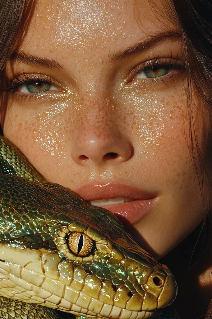 Close-up of a young woman's face, adorned with gold glitter, juxtaposed against a green snake.  Her freckled skin and bright green eyes are accentuated by the shimmering makeup. The snake's head rests gently on her cheek and chin, its eye visible and in sharp focus. The image creates a striking contrast between delicate beauty and wild nature. The lighting is warm and emphasizes the textures of both skin and scales.