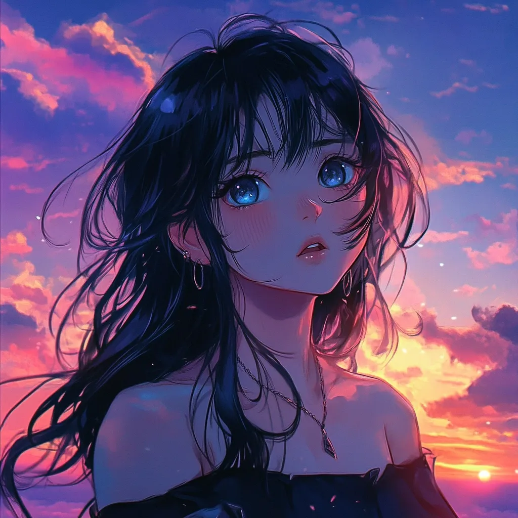 The image portrays an anime-style girl with long, dark blue hair that flows in the wind.  She has large, expressive blue eyes and rosy cheeks, giving her a gentle appearance.  She wears a simple necklace and small hoop earrings. The background features a vibrant sunset with pink, orange, and purple clouds, creating a dreamy and romantic atmosphere. The girl's gaze is directed upward, adding to the ethereal quality of the illustration.