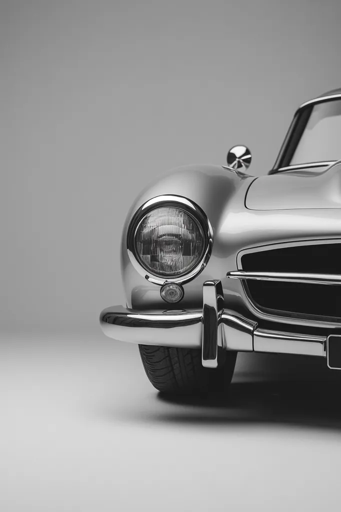 Here's a description of the image:

The photograph showcases the front end of a classic, silver Mercedes-Benz 300 SL Gullwing. The focus is sharply on the car's chrome details – the headlight, bumper, and grill – which gleam against the muted grey background. The image is monochrome, enhancing the vintage aesthetic and emphasizing the car's sleek lines and elegant design.  The shallow depth of field blurs the background, drawing the viewer's attention to the meticulously crafted details of the vehicle. The overall effect is one of timeless sophistication and classic automotive beauty.