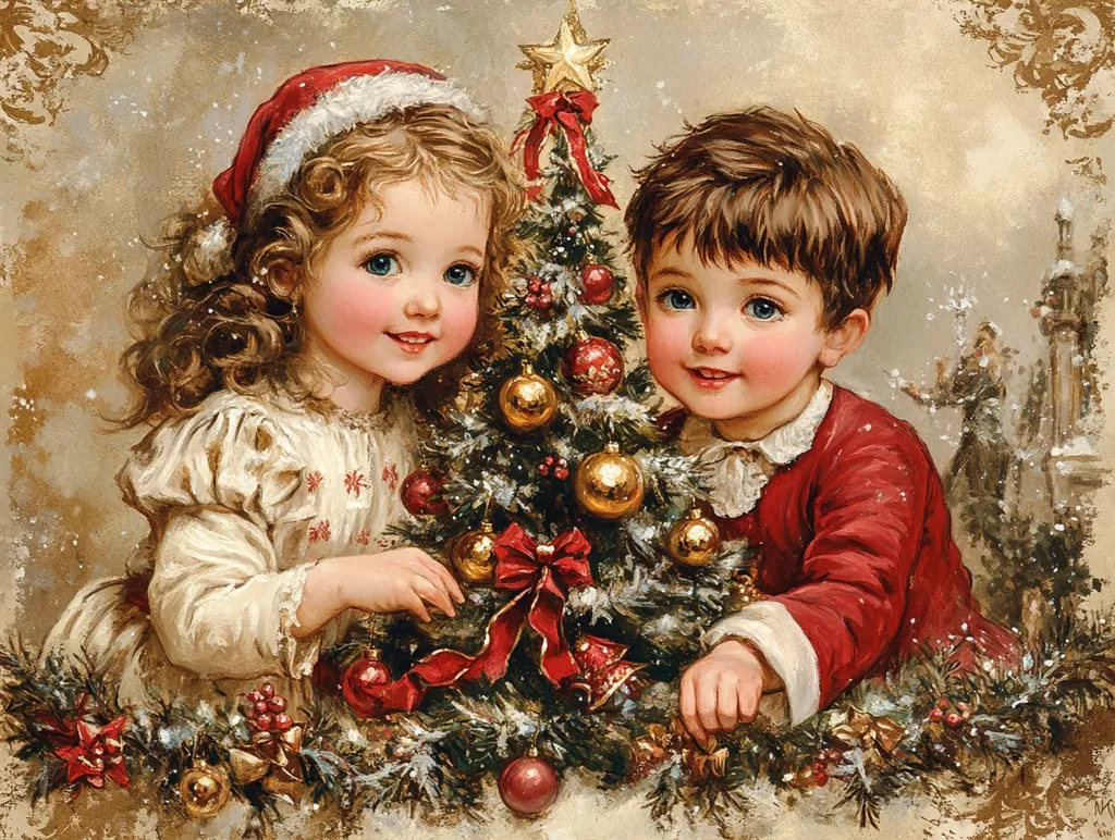 A charming Christmas painting depicts a girl and boy, adorably dressed in festive attire, gazing at a beautifully decorated Christmas tree. The girl wears a Santa hat and a cream-colored dress, while the boy sports a red sweater.  Ornaments, bows, and garland adorn the tree, creating a warm, nostalgic scene.  A snowy, idyllic background hints at a charming winter setting. The artistic style evokes a classic, sentimental feel, perfect for a holiday card or print.