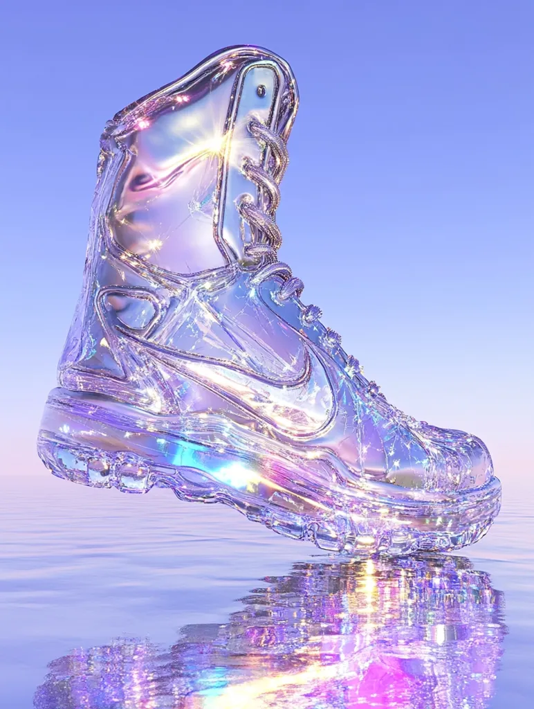 A high-top sneaker, seemingly made of iridescent, translucent glass or plastic, floats above a calm, reflective body of water.  The shoe's design incorporates a Nike swoosh, and its laces are visible.  The overall aesthetic is ethereal and dreamy, with a pastel purple and lavender color scheme enhanced by the reflective qualities of the material. The scene is suggestive of a surreal, fantasy setting.