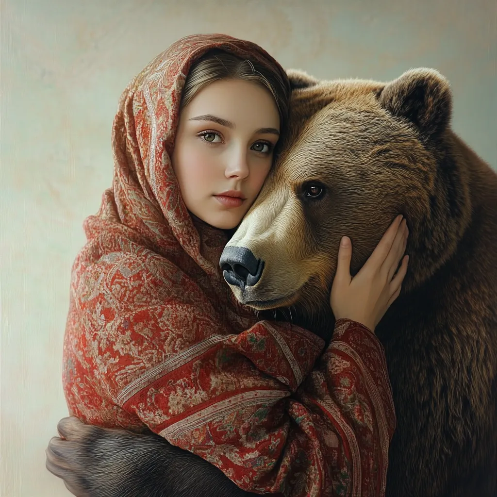 A young woman, her face serene, embraces a large brown bear.  She wears a richly patterned, reddish-brown shawl that envelops her, creating a sense of warmth and intimacy. The bear's fur is meticulously detailed, its expression gentle. The painting evokes a feeling of quiet connection between human and animal, set against a muted, painterly background. The overall mood is one of peaceful coexistence and unusual friendship.