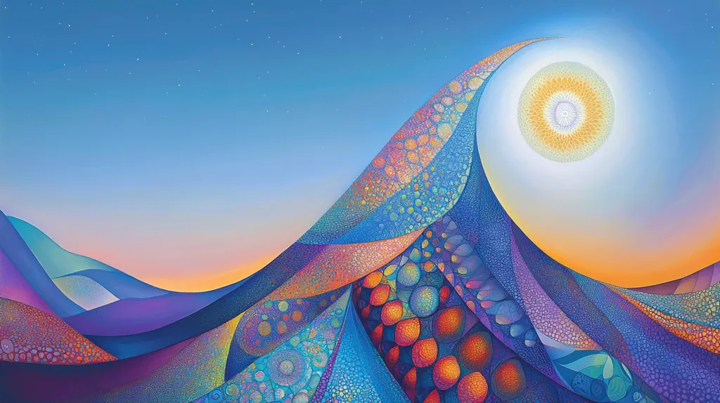 The artwork depicts a stylized landscape under a twilight sky.  A large, swirling, multicolored hill dominates the foreground, composed of small, textured circles in vibrant hues of blues, purples, oranges, and reds.  This hill curves dramatically, almost engulfing a radiant, mandala-like sun positioned high in the sky.  Smaller, softer hills in complementary colors form the background, creating a serene and dreamlike atmosphere. The overall style is abstract and highly textured, with a focus on color and form.