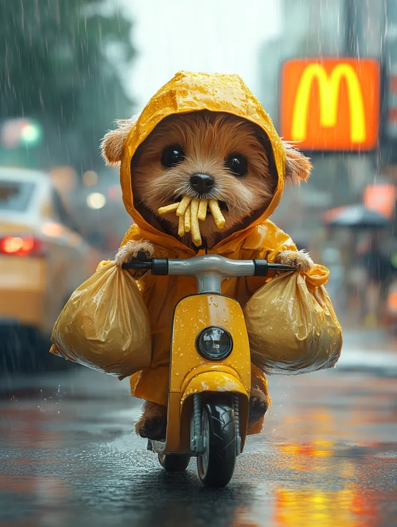 A fluffy brown dog, wearing a yellow raincoat, sits on a yellow scooter in the rain.  The dog is happily munching on a handful of french fries.  Two yellow bags hang from the scooter's handlebars. A blurred McDonald's sign is visible in the background, suggesting a delivery. The overall scene is charming and whimsical, with a focus on the adorable dog and its unexpected journey. Rain slicks the city street, adding to the atmospheric mood.