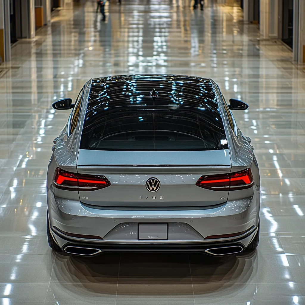 Here is a description of the image:

The rear view of a silver Volkswagen Arteon is presented, showcasing its sleek design and clean lines. The car is parked on a highly polished, reflective floor, possibly in a showroom or exhibition hall, with blurred figures and architectural features visible in the background. The car's rear lights are subtly illuminated, enhancing its modern aesthetic. The Volkswagen logo is prominently displayed on the trunk, and a blank license plate is visible. The overall impression is one of elegance and sophistication.