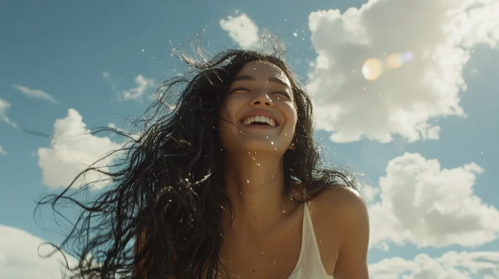 Here's a description of the image:

A low-angle, close-up shot captures a young woman with long, dark, wavy hair, laughing joyfully against a bright, sunny sky filled with fluffy white clouds.  Water droplets are visible on her face and hair, suggesting she may have just been swimming or splashed. She's wearing a light-colored, sleeveless top, and her radiant expression conveys a sense of pure, unadulterated happiness. The overall feeling is one of carefree joy and freedom.