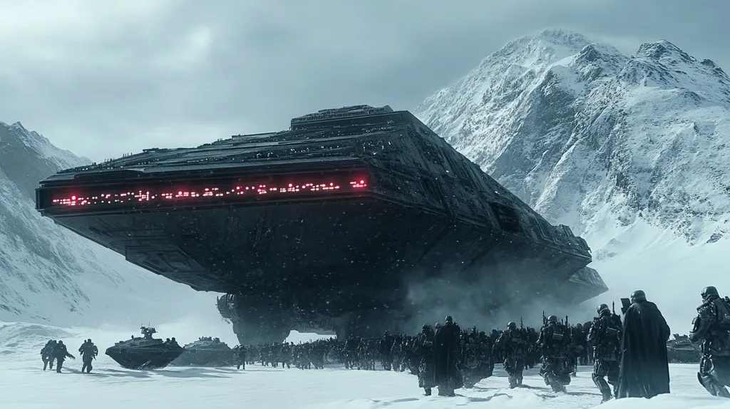 A colossal, dark warship looms over a snow-covered landscape, its red warning lights illuminating the scene.  A large contingent of soldiers in dark uniforms marches across the snow towards the ship's shadow, dwarfed by its immense size.  Towering snow-capped mountains form a dramatic backdrop to this imposing military presence. The overall atmosphere is one of cold, stark power and impending action.