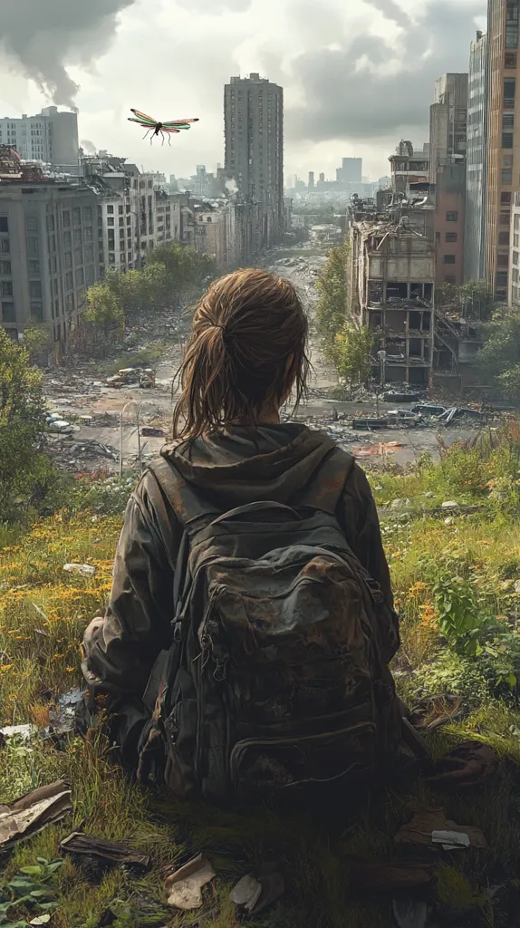 Here's a description of the image:

A lone figure, a woman with a backpack, sits on a grassy hill overlooking a desolate cityscape.  The city is in ruins, with crumbling buildings and overgrown streets, hinting at a post-apocalyptic setting. A dragonfly flies overhead, a small detail against the vast, gray sky. The woman's back is to the viewer, her posture suggesting contemplation or weariness.  The overall mood is somber and reflective, emphasizing the isolation and devastation of the environment.