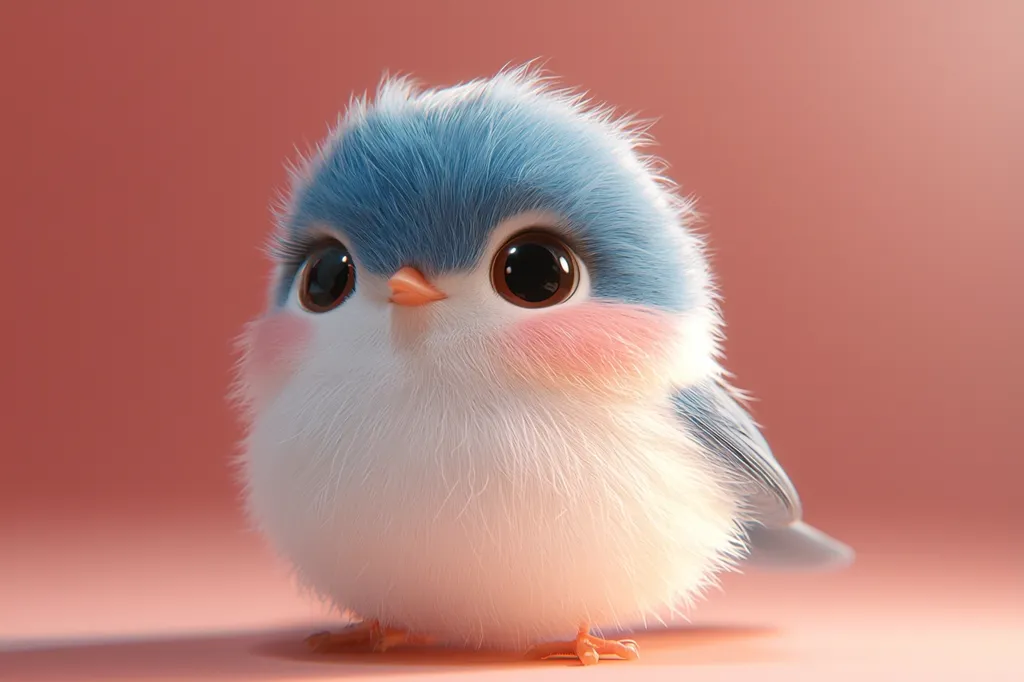 The image shows a digitally rendered, incredibly cute, fluffy bird.  Its body is primarily white and exceptionally soft-looking, with a cap of light blue fur on its head.  Large, expressive brown eyes and rosy cheeks add to its endearing appearance.  A small, orange beak and tiny blue wing feathers are visible. The bird is positioned against a muted coral pink background, enhancing its overall charm.  The overall style is cartoonish and highly stylized.