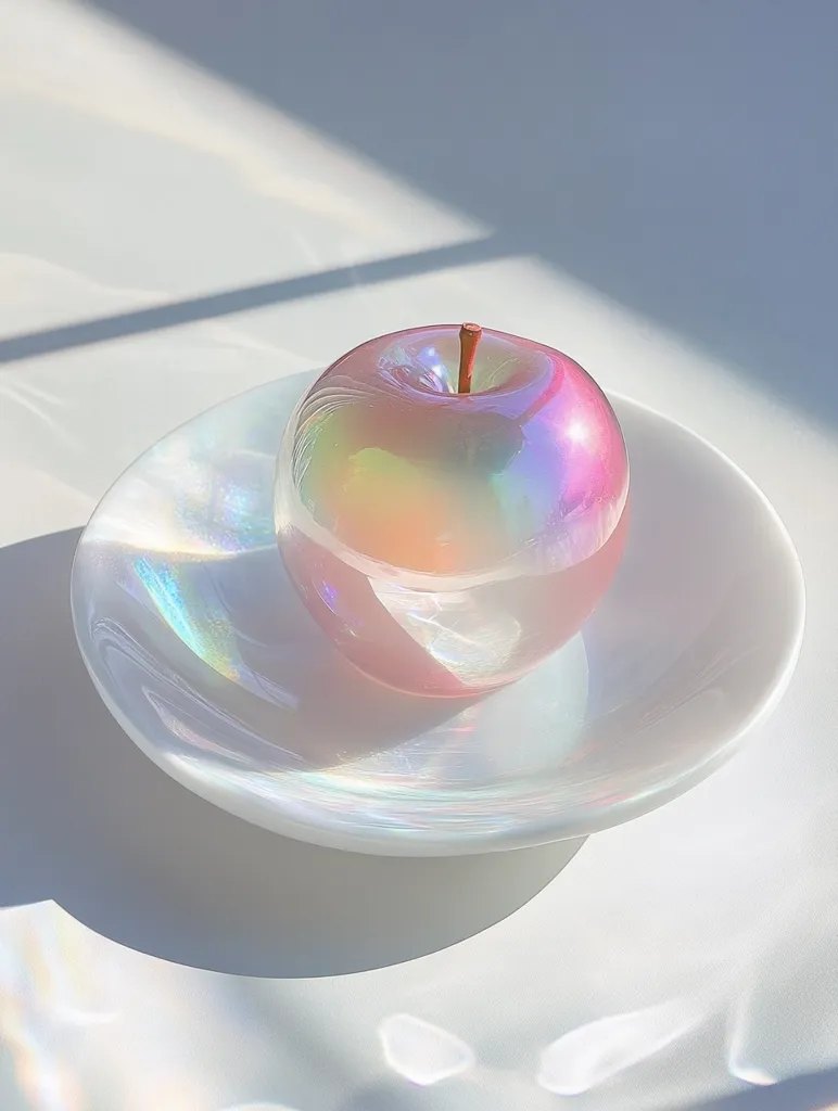 A pearlescent, iridescent glass apple sits on a matching, shallow dish.  The apple's surface shimmers with pastel rainbow reflections, catching the light. The scene is minimalist and brightly lit, with soft shadows cast on a white surface.  The overall effect is ethereal and delicate, creating a sense of calm and serenity.