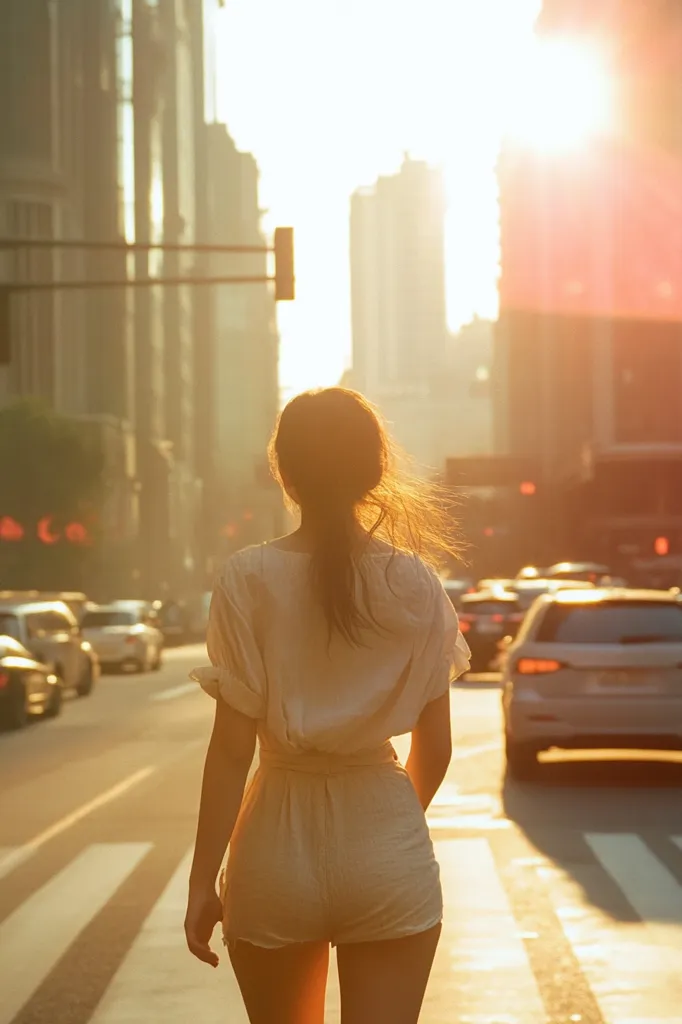 Here's a description of the image:

The photograph captures a young woman from behind, walking away from the camera on a city street.  She's wearing a light beige jumpsuit and her hair is pulled back in a ponytail. The sun is setting, casting a warm golden light on her and the cityscape.  Traffic is visible in the background, blurred by the shallow depth of field, with tall buildings creating a backdrop. The scene is peaceful yet vibrant, showcasing a moment of urban solitude in the glow of the setting sun.  A pedestrian crossing is underfoot.