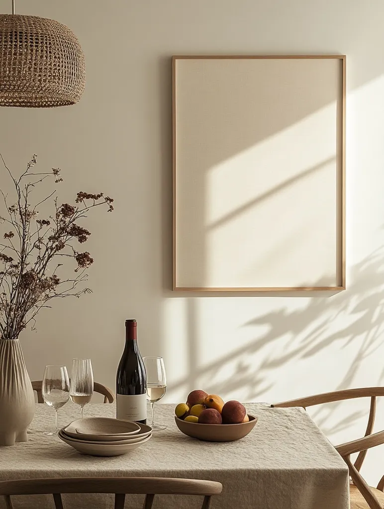 Here's a description of the image:

A minimalist dining scene is captured, bathed in soft, natural light. A large, light beige framed artwork hangs on a light beige wall, casting shadows. A linen tablecloth covers a table set with simple, earthy toned dishes, wine glasses, a bottle of red wine, and a bowl of fruit.  A woven pendant light hangs above, and a dried floral arrangement sits in a ceramic vase. The overall aesthetic is calm, serene, and subtly stylish.  Wooden chairs flank the table, adding to the natural, understated elegance.