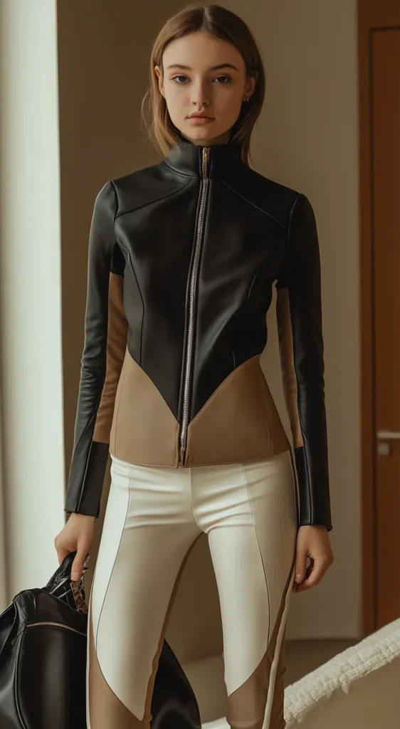 A young woman with shoulder-length brown hair models a stylish two-tone leather jacket. The jacket is black on the top and tan on the bottom, creating a chic color-blocked effect. She's also wearing off-white pants with tan side panels, matching the jacket's color scheme.  She carries a black handbag, completing a modern and sophisticated look.