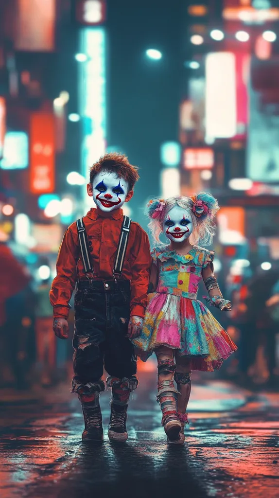 Two children, a boy and a girl, are walking down a city street at night.  Both are wearing clown makeup, with exaggerated smiles and blue markings.  The boy is dressed in a red shirt, suspenders, and dark pants, while the girl wears a colorful, patchwork dress. Their clothes are slightly tattered, adding to an unsettling yet captivating scene.  The background is blurred, showcasing bright city lights and signage, emphasizing the children in the foreground. The overall atmosphere is both whimsical and eerie.