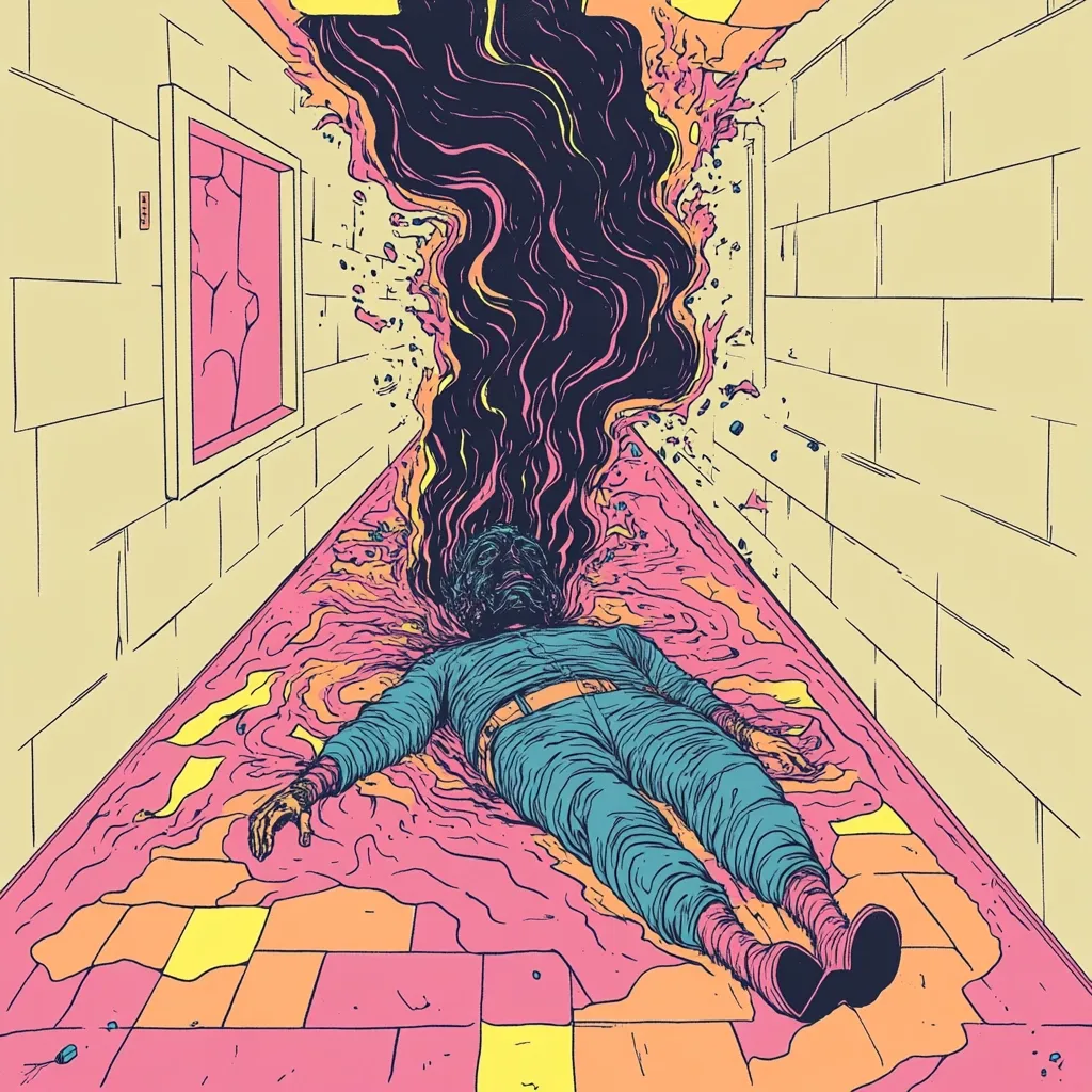 The image is a psychedelic illustration of a person lying supine on a vibrant pink and orange floor in a hallway. Their head is engulfed in dark, swirling tendrils that extend from the ceiling, resembling a melting or dissolving effect.  The walls are a muted yellow, contrasting with the intense colors of the floor and the dark hair.  A broken doorway is visible, adding to the surreal and unsettling atmosphere. The overall style is reminiscent of comic book art with bold lines and flat colors.