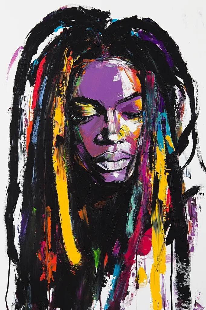The painting is an expressive portrait of a woman with long, flowing dreadlocks.  Her face is rendered in bold, impasto strokes of purple, black, and white, conveying a sense of serenity or contemplation.  The hair is a vibrant explosion of color, with streaks of yellow, red, turquoise, and purple contrasting sharply against the black. The style is abstract expressionism, prioritizing emotion and texture over precise representation.  The background is largely white, allowing the subject to dominate the composition.