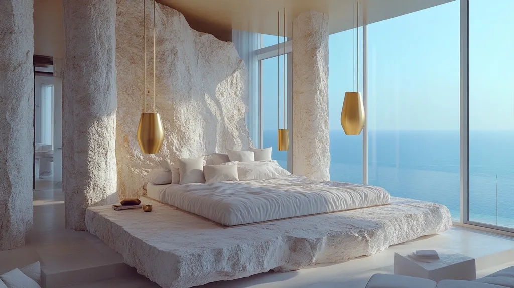 Here's a description of the image:

The image showcases a luxurious bedroom with a minimalist design. A large bed with crisp white linens sits on a platform that resembles a rough-hewn stone structure, complementing the textured white wall behind it.  Three gold pendant lights hang above the bed, adding a touch of elegance. Floor-to-ceiling windows offer a breathtaking panoramic view of a calm ocean, bathed in the soft light of what seems to be sunrise or sunset.  The overall aesthetic is serene, modern, and luxurious, creating a sense of calm and tranquility.
