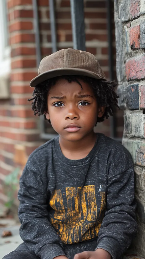 A young Black boy with dark, curly hair sits against a brick wall. He wears a dark gray sweatshirt with yellow lettering and a brown baseball cap. His expression is serious and slightly furrowed, his gaze directed forward. The brick wall and a portion of a metal gate are visible in the background, creating a slightly somber but authentic urban setting.  The overall mood is contemplative.