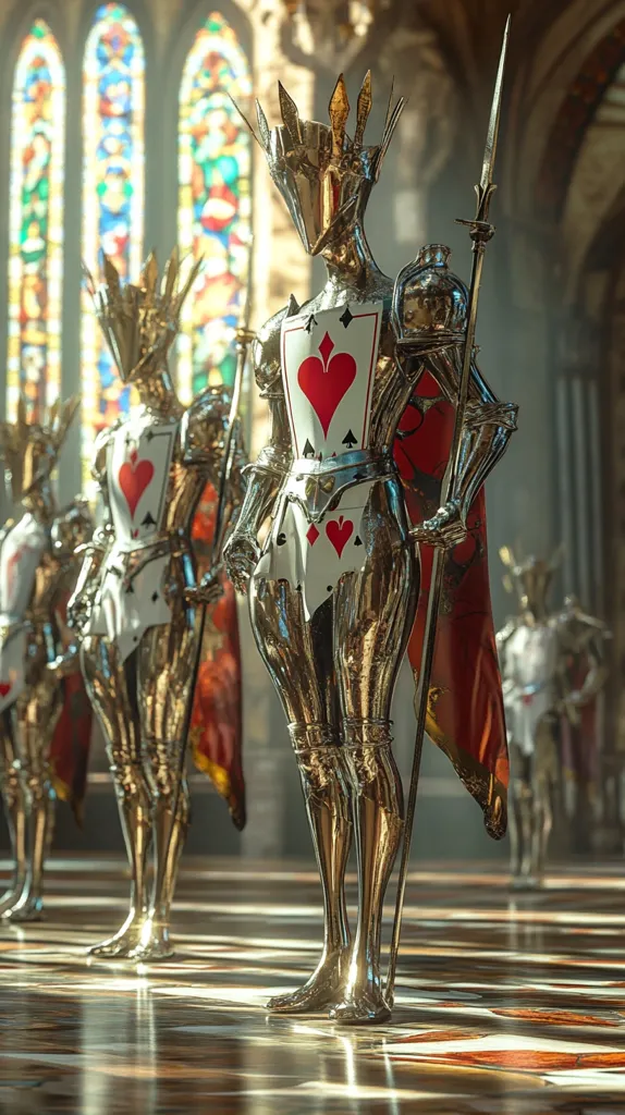 Here's a description of the image:

The image depicts several metallic figures, resembling knights or sentinels, standing in a grand hall bathed in sunlight streaming through stained-glass windows.  Each figure is clad in polished, chrome-like armor, bearing the design of playing cards (specifically hearts) on their chest plates.  They wear elaborate crowns and hold spears.  The overall aesthetic blends fantasy and a modern, almost mechanical, style. The reflective floor enhances the gleaming armor and adds depth to the scene.  The figures stand in a line, suggesting a formal arrangement or guard detail.