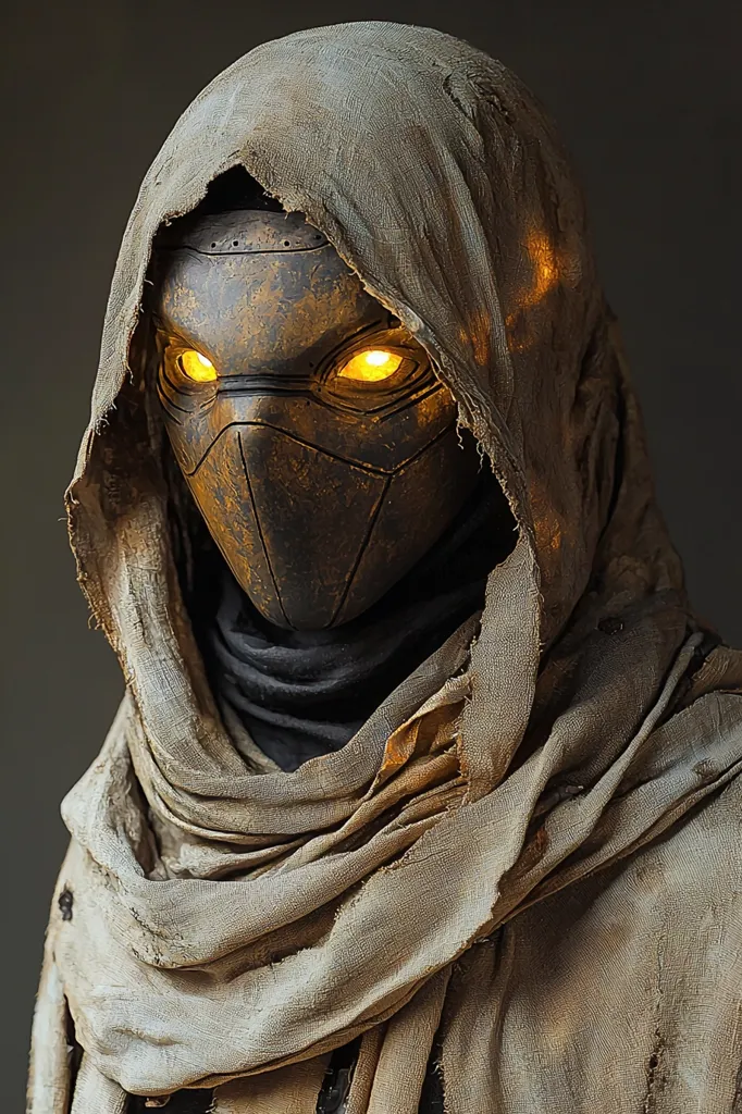 Close-up of a figure shrouded in a tattered, beige fabric hood.  The figure wears a weathered, metallic mask with glowing yellow eyes, suggesting a robotic or futuristic element. The mask's texture is rough and shows signs of age or wear. The overall aesthetic is one of mystery and post-apocalyptic or sci-fi fantasy. The image's dark background accentuates the figure and its glowing eyes.