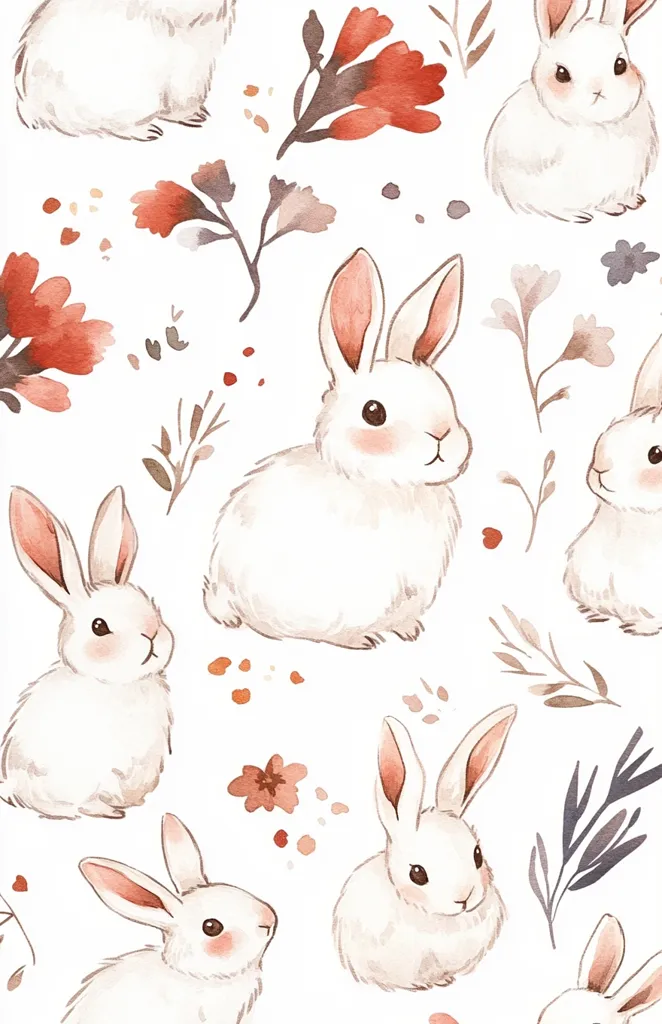 Here's a description of the image:

The image is a seamless pattern featuring adorable watercolor bunnies and stylized floral elements.  The bunnies are fluffy, white, and depicted in various poses, with soft blush tones on their cheeks and ears.  The flowers are predominantly terracotta and rust-colored, with muted brown and gray foliage creating a delicate, earthy aesthetic. The overall style is sweet, gentle, and reminiscent of children's illustrations or fabric prints.  The background is white, allowing the bunnies and flowers to stand out prominently.