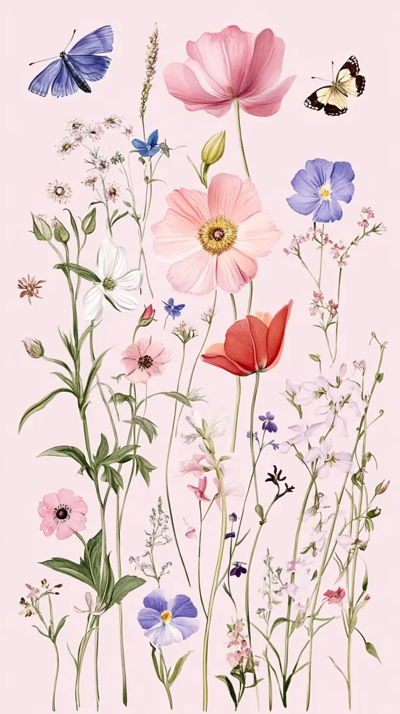 A watercolor painting depicts a delicate bouquet of wildflowers on a pale pink background.  Pink, red, and white blossoms of various shapes and sizes are interspersed with smaller blue and purple flowers.  Two butterflies, one blue and one yellow-and-black, add a touch of whimsy.  The stems and leaves are rendered with fine detail, creating a naturalistic yet elegant composition. The overall style is romantic and charming.