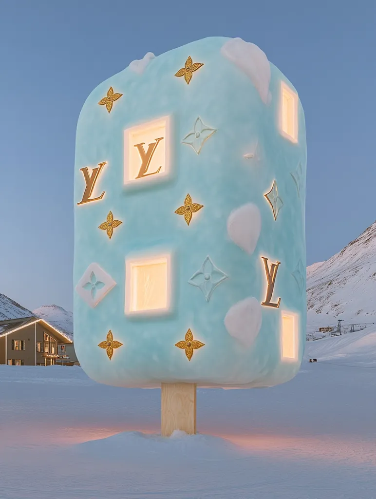 Here's a description of the image:

A giant, light-blue popsicle-shaped structure stands in a snowy landscape.  The popsicle is adorned with the Louis Vuitton monogram—gold fleur-de-lis and LV logos—embossed on its surface.  Illuminated squares cut into the structure emit a warm glow.  A wooden stick supports the large frozen confection, which sits in the snow before a small building and distant mountains under a twilight sky.  The overall scene is surreal and blends luxury branding with a winter wonderland aesthetic.