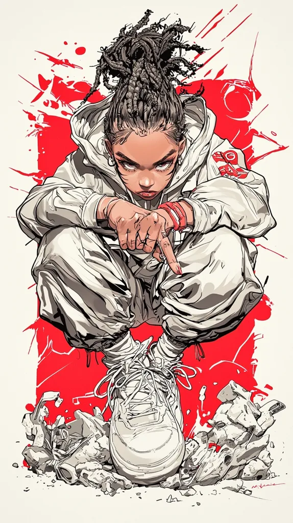 Here's a description of the image:

The illustration showcases a young woman with dark skin and braided hair styled in a high ponytail. She's crouched, her hands in a confident gesture, wearing a light gray, oversized hoodie and matching pants. Her footwear appears to be high-top sneakers. The style is dynamic and graphic, with bold outlines and shading.  The background is a splash of red with gray debris at her feet, suggesting a sense of action or aftermath. The overall aesthetic is a blend of streetwear and anime influences, creating a powerful and stylish image.