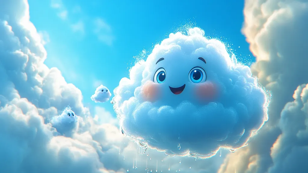 A cheerful, cartoonish cloud with large, expressive eyes and rosy cheeks dominates the image.  It's a light blue, fluffy cloud with raindrops gently falling from its bottom.  Two smaller, similar clouds float nearby in a vibrant blue sky filled with other, less expressive clouds. The overall mood is lighthearted and whimsical, suggestive of a children's story or animation. The sun shines brightly, creating a dreamy atmosphere.