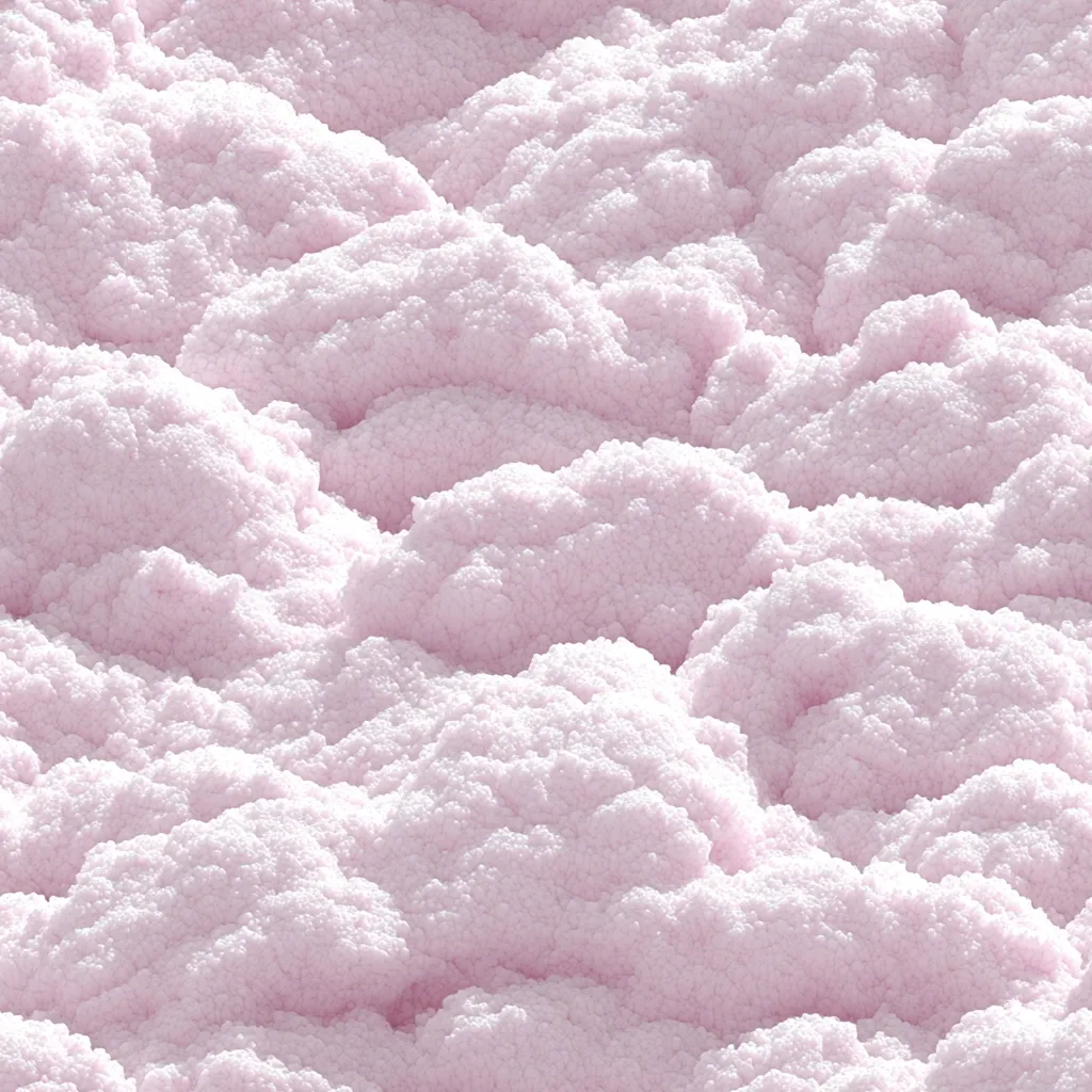 The image shows a textured surface resembling a vast expanse of soft, pale pink clouds.  The texture is granular, made up of countless tiny, closely packed spheres, creating a fluffy, almost marshmallow-like appearance.  The "clouds" undulate gently, forming rolling hills across the entire frame.  The lighting is soft and diffused, enhancing the dreamy, ethereal quality of the scene.