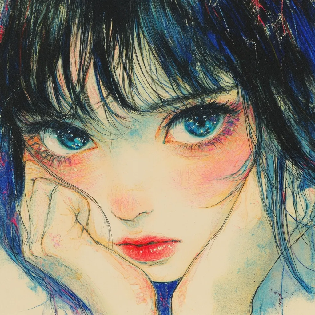 A close-up illustration depicts a young woman with dark blue hair, partially obscuring her face. Her large, expressive eyes are a striking blue, flecked with lighter shades, and her cheeks are flushed with a soft pink.  Her hands are gently cupped beneath her chin, and her lips are slightly parted in a pensive expression. The style is reminiscent of anime, utilizing a watercolor-like technique with visible brushstrokes and color blending, creating a dreamy, ethereal atmosphere.