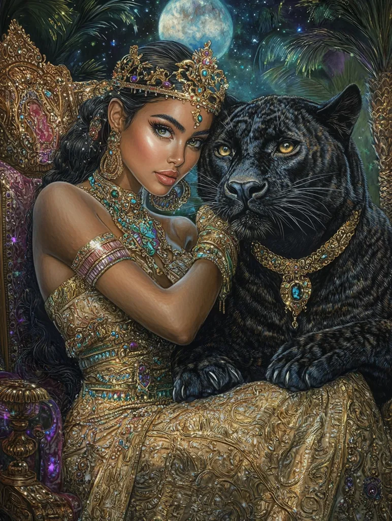 A regal, dark-haired woman adorned in opulent gold and turquoise jewelry sits on an ornate throne.  She wears a jeweled crown and a shimmering gold gown, richly embroidered with intricate detailing.  A majestic black panther, equally embellished with a large gold necklace, rests beside her, its gaze calm and regal. A full moon illuminates the scene, adding a mystical atmosphere to the rich colors and textures.  The background hints at a lush, tropical night setting. The overall image evokes a sense of fantasy and power.