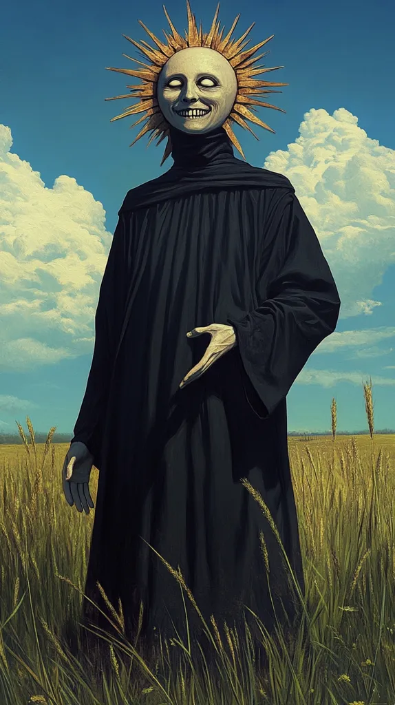 A figure cloaked in black stands in a golden wheat field under a bright blue sky.  The figure's head is a stylized sun, its face pale with a unsettling smile. The long, dark robe contrasts with the sun-drenched landscape.  The overall effect is surreal and slightly unnerving, suggesting a blend of religious iconography and unsettling imagery. The figure's posture and outstretched hand hint at either a blessing or a warning.
