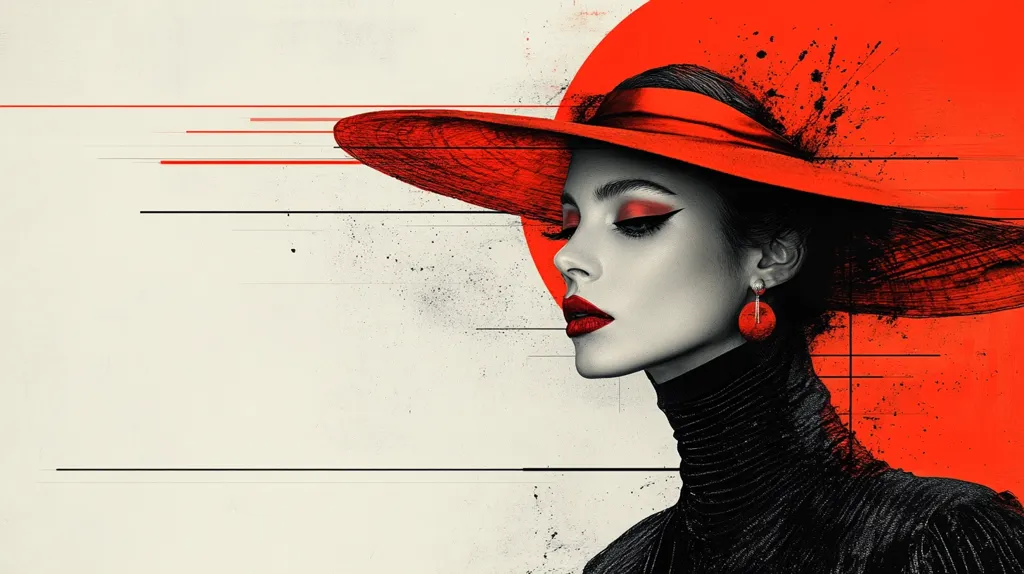 The artwork is a stylized portrait of a woman wearing a large, vibrant red hat. Her face is rendered in grayscale, contrasting sharply with the bright red of the hat and a background element resembling a sun or circle.  The style blends realism with abstract elements, including splashes of red paint and linear strokes across the background, creating a dynamic and somewhat edgy feel. The woman's expression is serene yet captivating, her gaze directed downward.  Red accents appear in her lipstick and earrings, further emphasizing the color contrast.