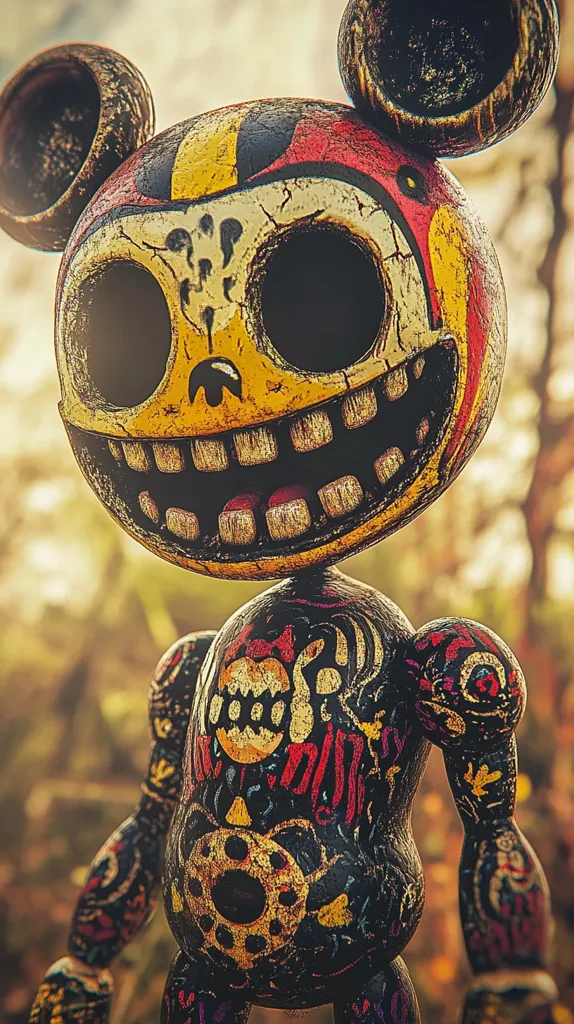 Here's a description of the image:

Close-up view of a stylized figure resembling a whimsical, possibly macabre, version of Mickey Mouse. The figure's head is a skull-like design with large, round ears, painted in a distressed, aged style with a palette of yellows, reds, and blacks.  The body is similarly decorated with a complex pattern reminiscent of tattoos or tribal markings. The overall effect is a blend of cartoonish charm and dark, slightly unsettling aesthetics, suggesting a blend of playful and gothic themes.  The background is blurred, showing a muted, autumnal forest setting.