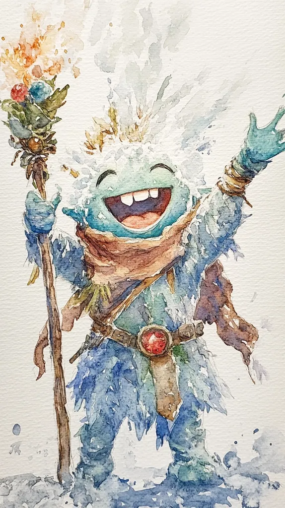 A watercolor painting depicts a joyful, blue-skinned creature, possibly a yeti or similar mythical being.  It has spiky, icy hair, wears a tattered brown scarf and belted garment, and carries a staff topped with berries and glowing embers.  The creature's wide, open mouth reveals a bright, cheerful smile as it raises one arm in greeting. The loose, expressive style of the watercolor lends a whimsical, fantasy-like quality to the image. The background is a wash of light blues and whites, suggesting a snowy landscape.
