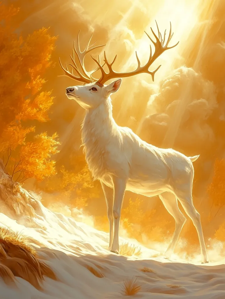 A majestic, snow-white deer with large antlers stands on a snow-dusted hillside bathed in warm, golden sunlight.  The sunbeams pierce the clouds, illuminating the deer and the surrounding autumnal landscape of yellow-orange trees. The scene evokes a sense of serenity and magical realism, the deer appearing almost ethereal against the glowing backdrop.  The snow is softly textured, contrasting with the deer's smooth, white coat.
