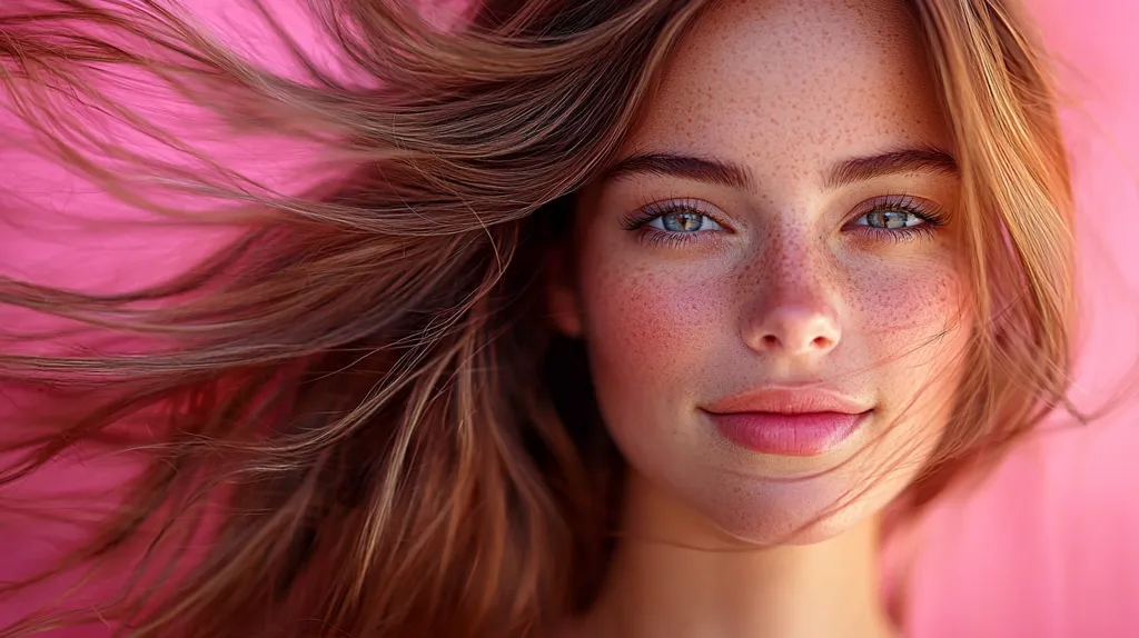 Close-up of a young woman with long, light brown hair blowing in the wind.  Her face is slightly turned, revealing light skin adorned with freckles, and her light blue eyes are captivating.  She has a soft, natural smile, and her lips are a delicate pink. The background is a vibrant pink, enhancing the overall bright and cheerful mood of the image. The focus is sharply on her face and the texture of her hair.