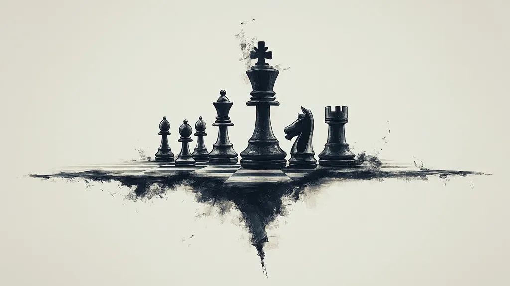 Here's a description of the image:

The artwork depicts a stylized arrangement of black chess pieces on a partially obscured chessboard. The pieces, rendered in dark tones against a light beige background, are arranged in a line, with the king prominently in the center. The composition suggests a sense of strategy and power, with the king as the central figure. The chessboard itself is subtly visible beneath a hazy, brush-stroke effect that gives the impression of movement or destruction, drawing the eye away from the stark precision of the chess pieces. The overall style is reminiscent of a dramatic sketch or painting.