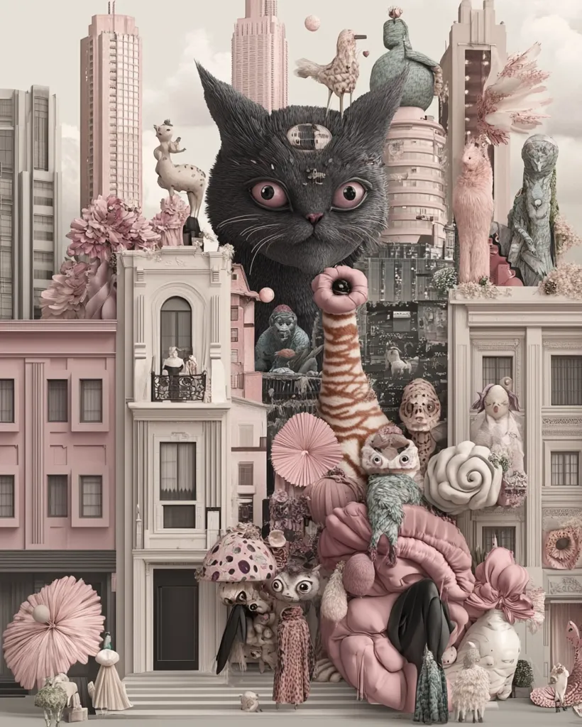 A whimsical, surreal cityscape unfolds, dominated by a large, three-eyed black cat. Pastel-pink buildings stand alongside fantastical creatures: sheep, birds, and anthropomorphic animals.  Strange, organic forms resembling flowers and cushions intertwine with the architecture.  The overall aesthetic is dreamlike and combines elements of fantasy and urban design, creating a bizarre, captivating scene.