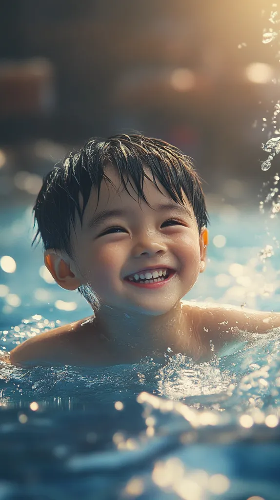 A young boy with dark hair smiles radiantly while partially submerged in a swimming pool.  Water droplets cling to his wet hair.  The sun glints off the water's surface, creating a bright, joyful atmosphere.  His expression is one of pure delight, capturing a moment of carefree fun in the water. The image is softly focused, emphasizing the boy's happy face.
