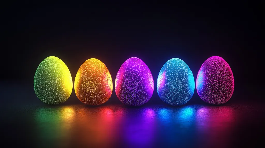 Five speckled Easter eggs, each radiating a different vibrant color, sit in a row against a stark black background.  From left to right, the eggs glow with shades of green, orange, purple, blue, and pink.  Their luminous quality creates a striking contrast against the dark surface, which reflects the eggs' bright hues.  The image has a modern, almost futuristic feel.