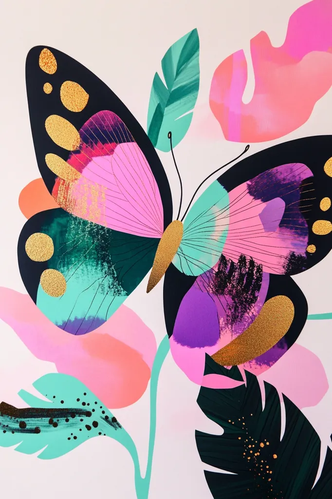 This vibrant artwork features a large, stylized butterfly as its centerpiece. The butterfly's wings are a kaleidoscope of pink, purple, teal, and black, accented with gold speckles. The design is abstract, with bold color blocks and brushstrokes creating a textured effect. Tropical leaves in shades of pink, teal, and dark green surround the butterfly, adding to the overall lush and tropical feel. The piece is a dynamic blend of bold colors and organic shapes, creating a visually striking image.