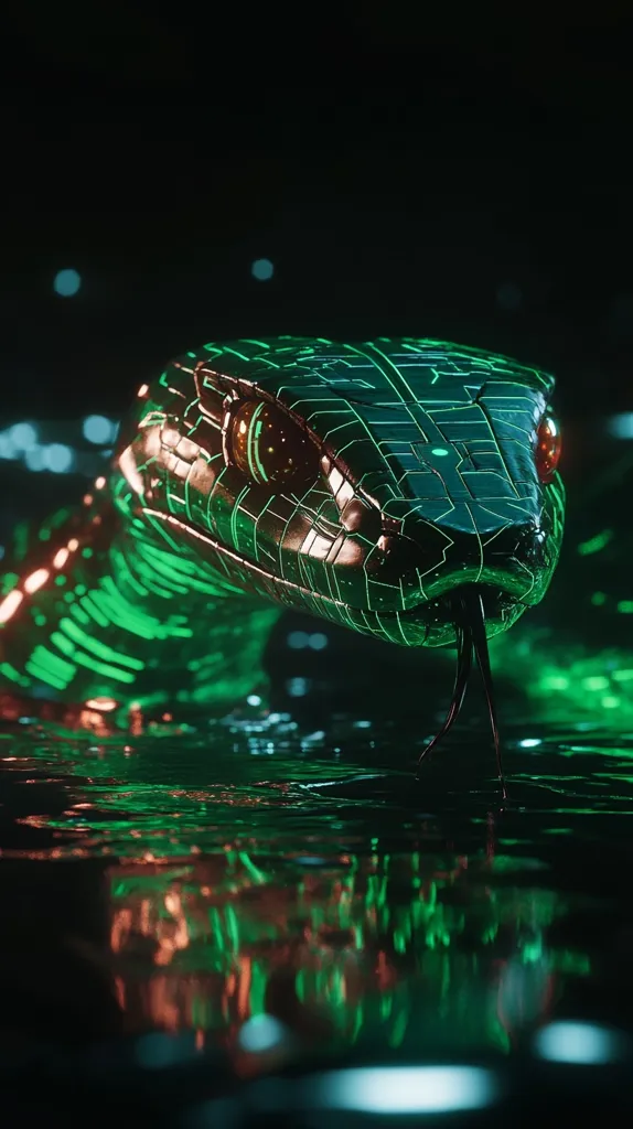 Here's a description of the image:

The image showcases a striking, close-up view of a snake, seemingly crafted from a metallic substance, its surface intricately etched with glowing green circuitry patterns. Its eyes are a vibrant orange, contrasting against the dark, almost black background. The snake's head is angled towards the viewer, creating a sense of direct engagement.  It appears to be partially submerged in a dark, reflective liquid, mirroring the snake's design and emitting a soft, orange-red glow. The overall effect is one of bio-mechanical artistry, blending natural forms with futuristic technology.