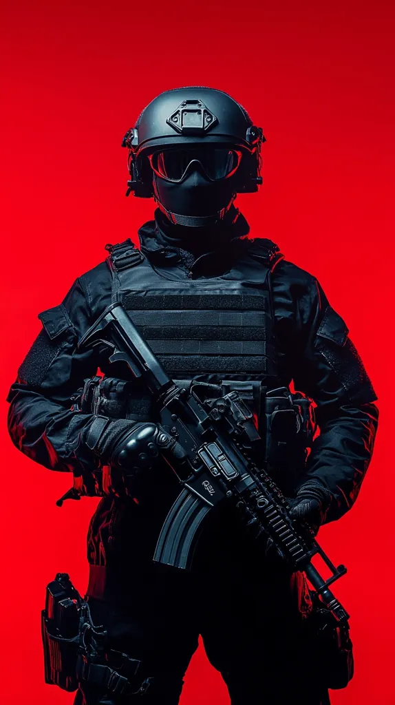 A silhouetted figure of a SWAT officer stands against a vibrant red backdrop.  Clad in full black tactical gear, including a helmet, ballistic vest, and gloves, the officer holds a rifle at ready. The image emphasizes the stark contrast between the dark uniform and the bright red background, creating a dramatic and intense visual.  The focus is on the officer's preparedness and the seriousness of their role.