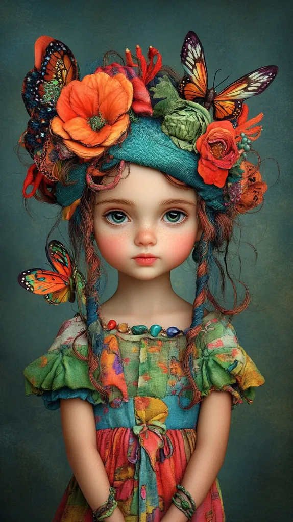 A digital painting portrays a young girl with striking green eyes and rosy cheeks. She wears a vibrant, multicolored dress adorned with patchwork patterns and a whimsical headpiece. The headdress is a captivating arrangement of flowers, butterflies, and teal fabric, creating a bohemian aesthetic. Her long, reddish-brown hair is braided with colorful threads, adding to the overall enchanting and whimsical mood of the artwork. The girl's serene expression and the rich, textured details bring a fairytale-like charm to the piece.