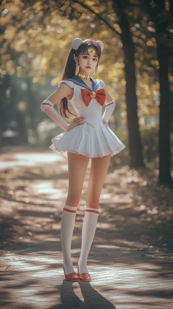 A young woman in a Sailor Moon cosplay stands on a sun-dappled path.  She wears a white sailor-style dress with a red bow, white knee-high socks, and red shoes. Her dark hair is styled in pigtails, adorned with a crescent moon tiara. The background features a blurry forest setting, emphasizing the cosplayer in the foreground.  The overall mood is dreamy and nostalgic.