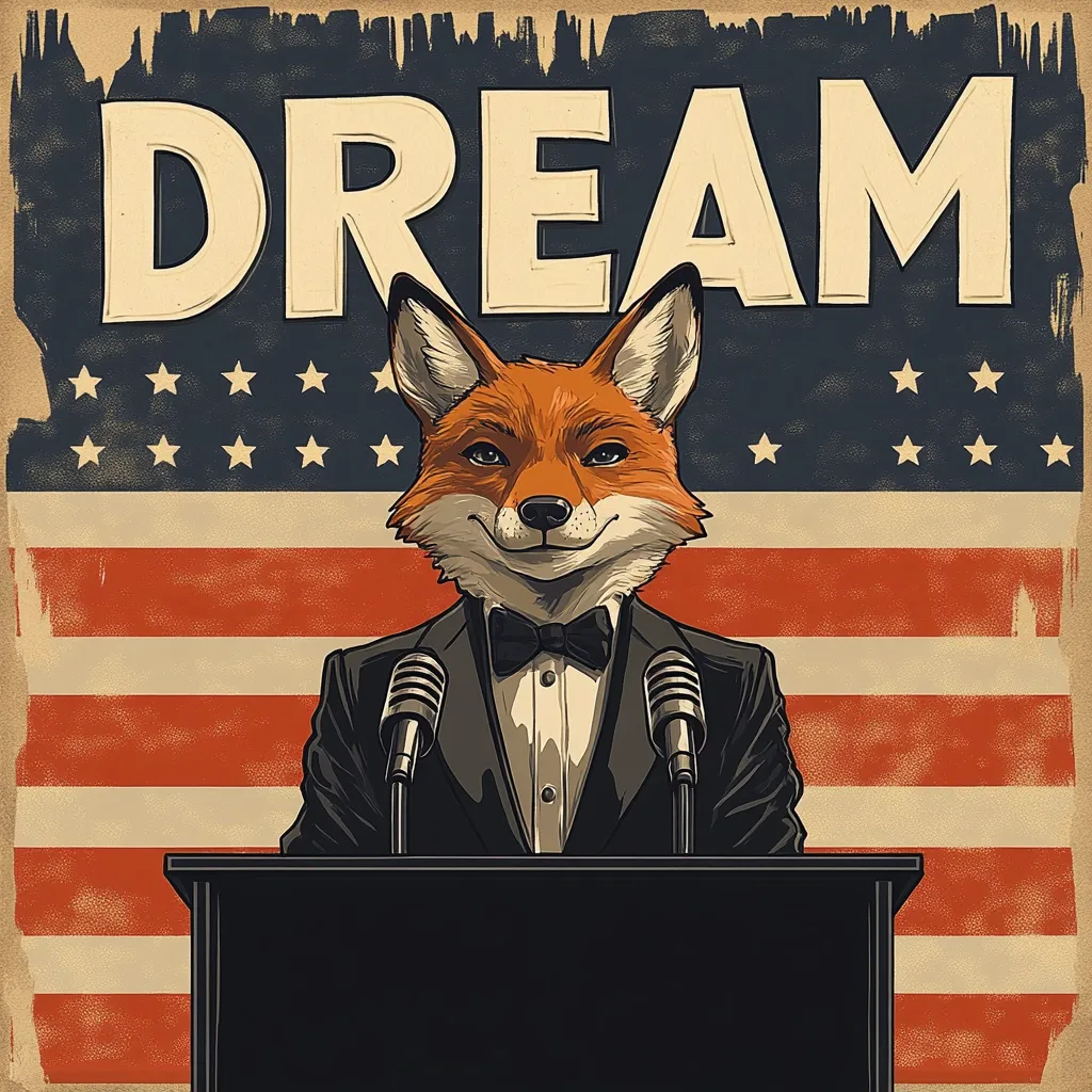 Here's a description of the image:

The image is a stylized poster featuring a fox dressed in a tuxedo, standing at a podium with two microphones.  The fox has a confident, almost sly expression.  Behind it is a stylized American flag with the word "DREAM" in large, vintage-style lettering above the fox. The overall aesthetic is reminiscent of vintage political campaign posters or propaganda art. The color palette is muted, with reds, whites, and blues dominating the flag, contrasted by the warmer tones of the fox's fur and the text.  The aged texture of the background suggests an antique or retro feel.